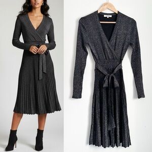 Morgan de Toi shiny black and grey metallic knit midi dress
